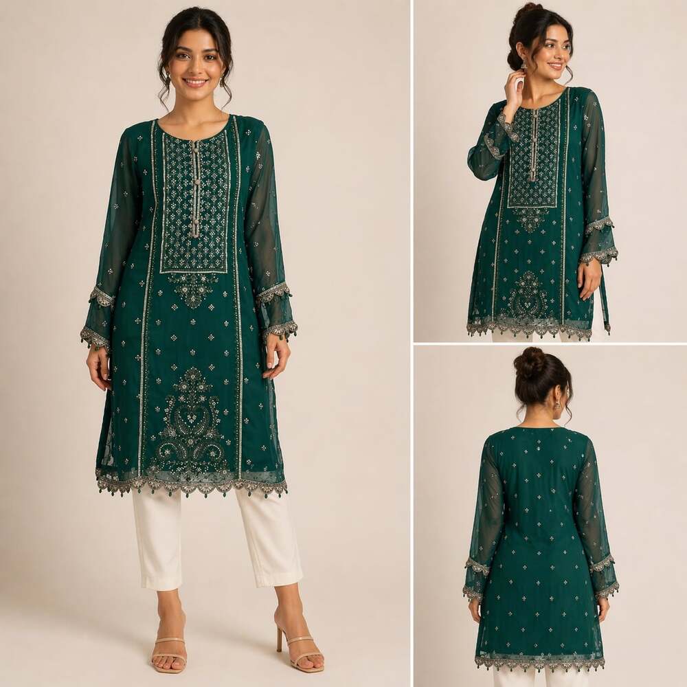 MARIA.B Emerald Green Embroidered Chiffon Kurta Tunic M Formal Boho
